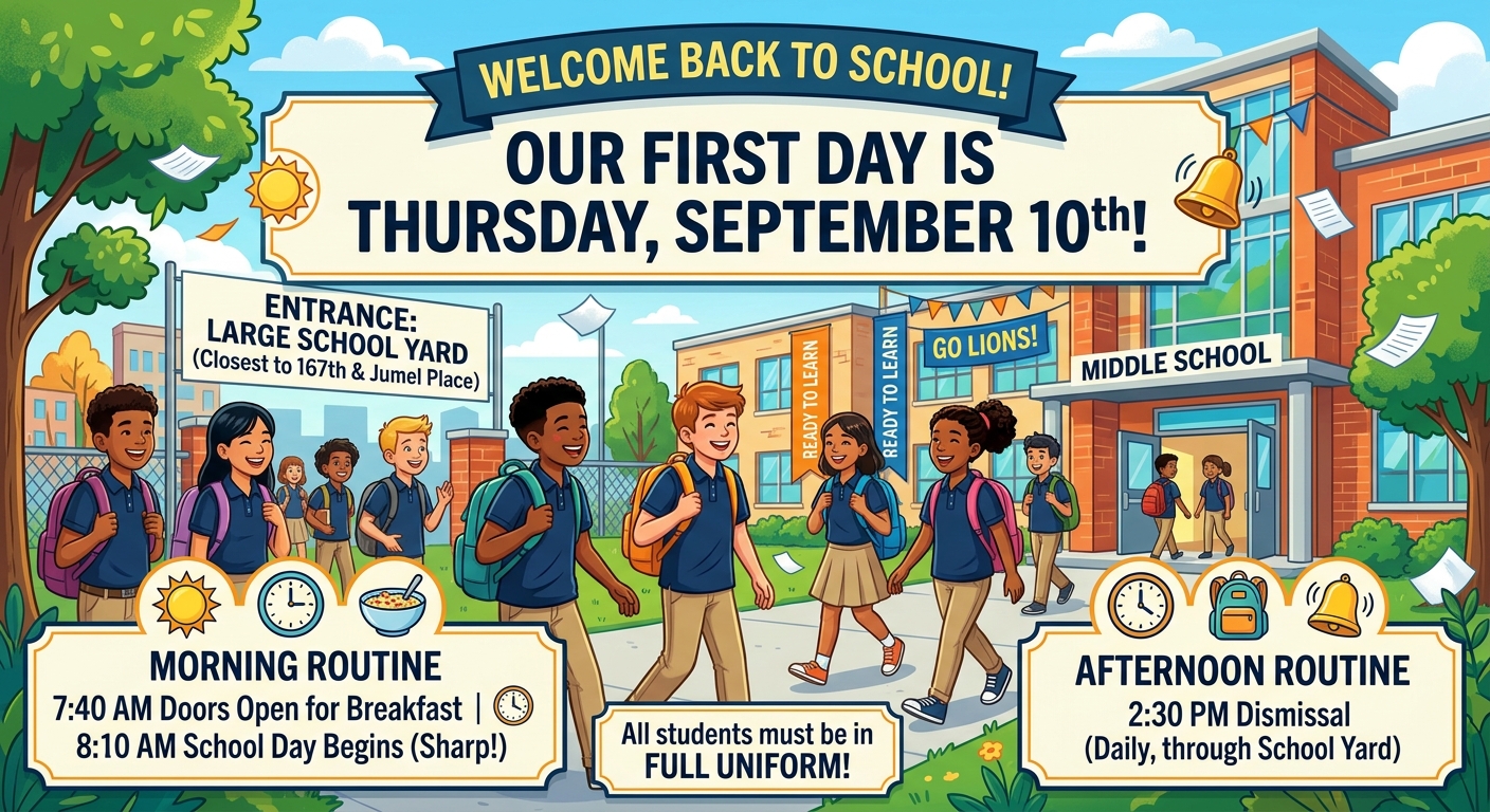 Welcome back to school flyer for M.S. 319's first day, Thursday, September 10