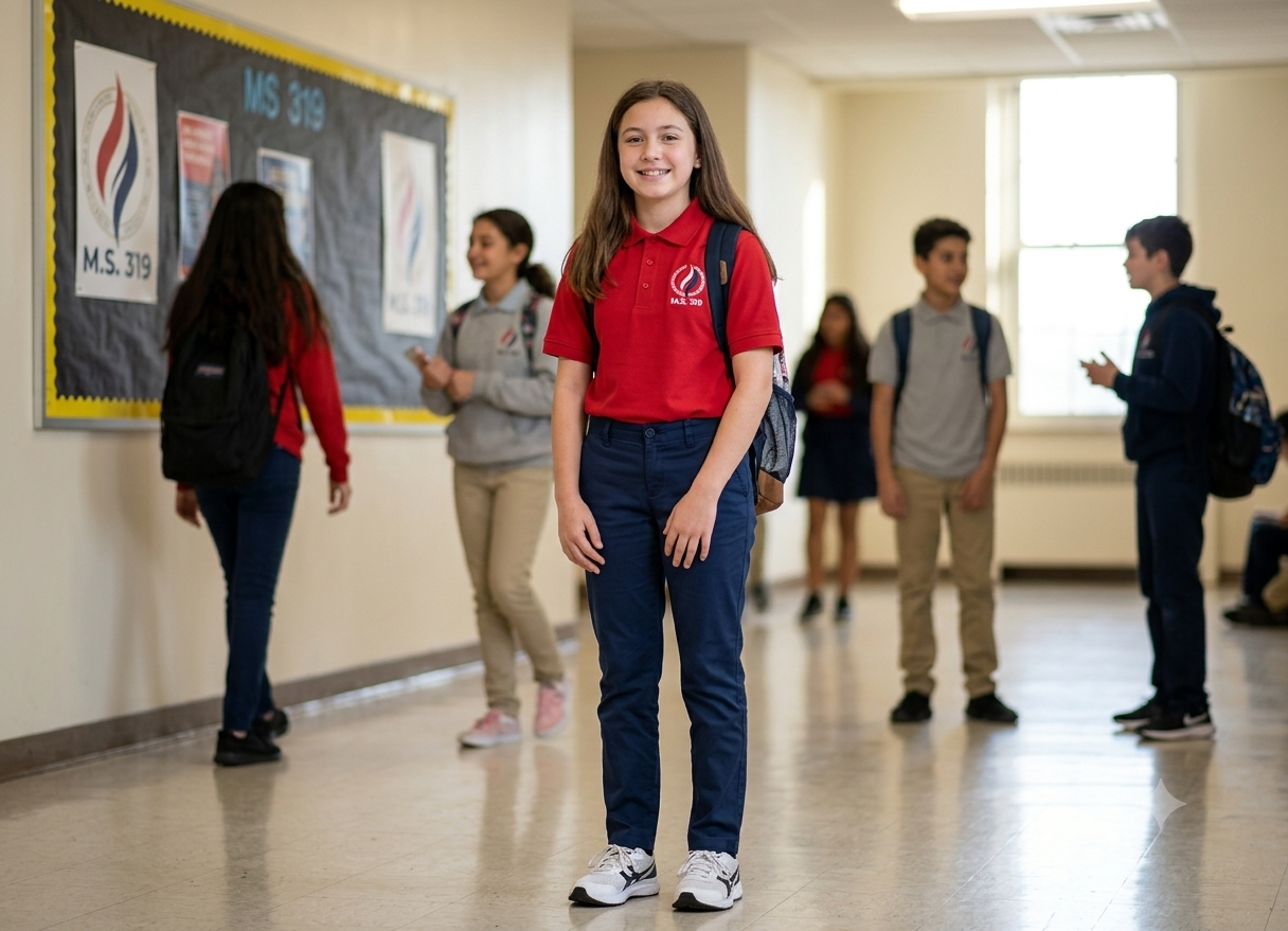 M.S. 319 student wearing the new red polo and navy pants uniform in the school hallway