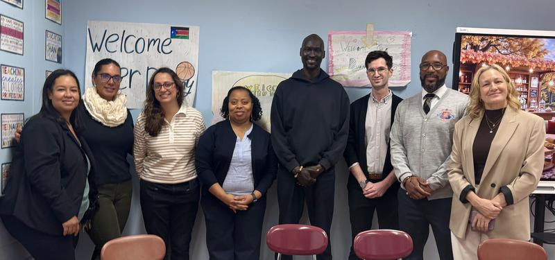Ger Duany visiting M.S. 319 students