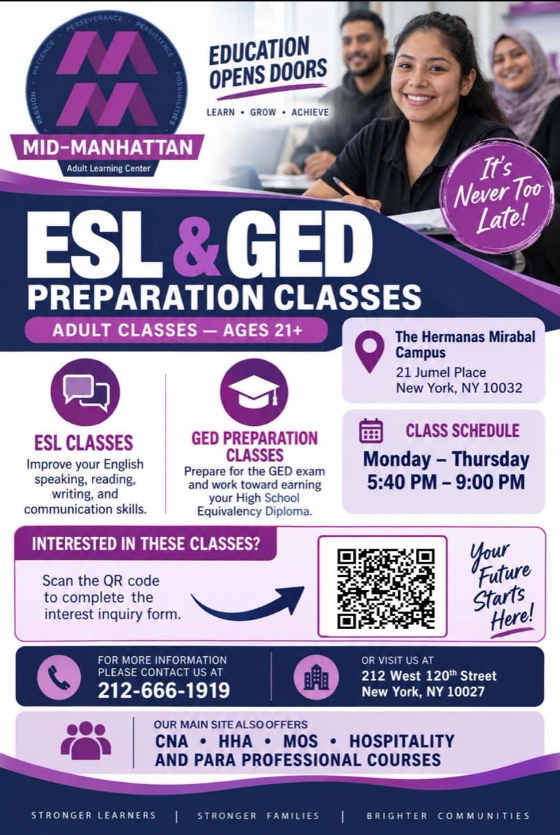 Flyer for free ESL and GED preparation classes for adults at the Hermanas Mirabal Campus